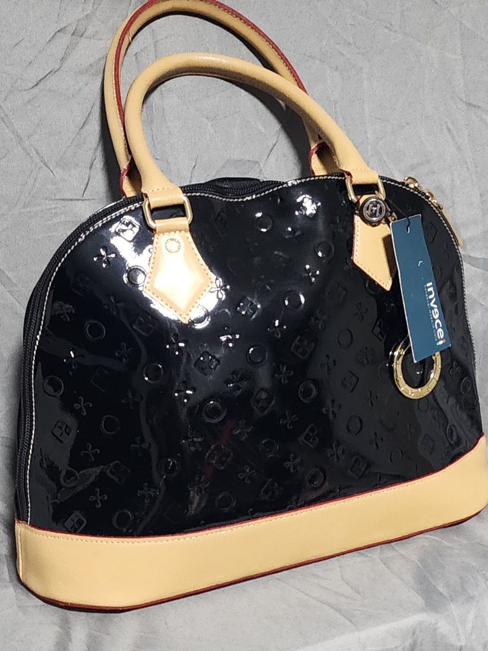 NWT Invece Arcadia Patent Leather Black Dome Handbag Satchel Made In Italy